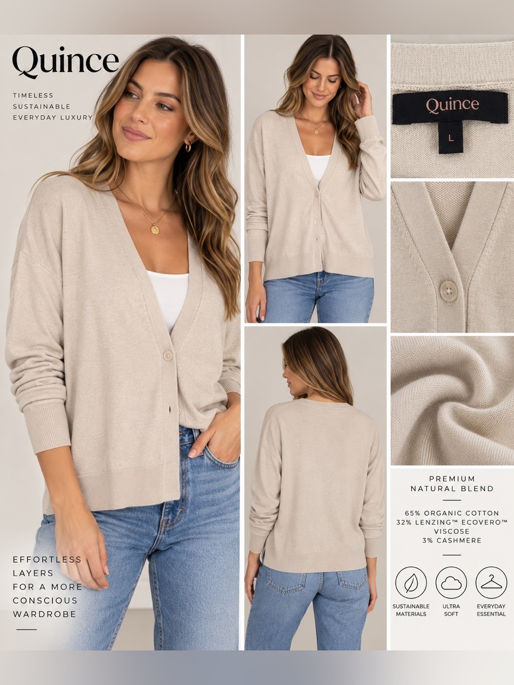 Quince Organic Cotton Cashmere Blend V-Neck Cardigan Beige Oatmeal L